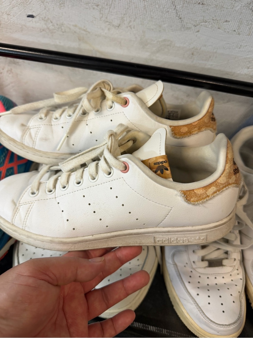 Adidas Women White Sneakers with Tan Heel Patch